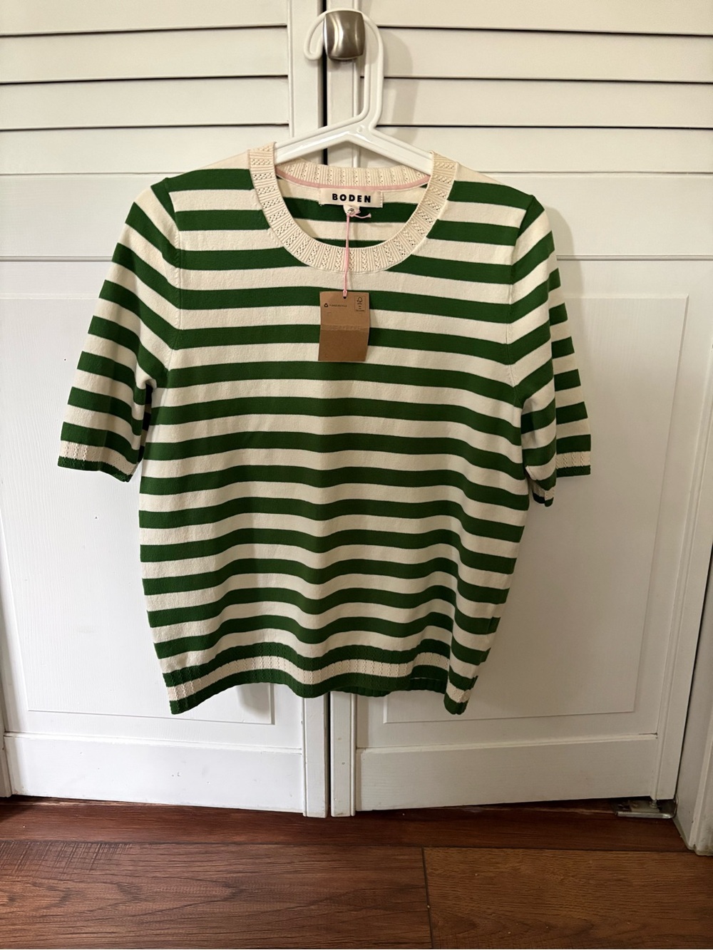 Boden Emilia Green and Cream Striped Short-Sleeve Knit Top Sz M - Picture 2 of 7